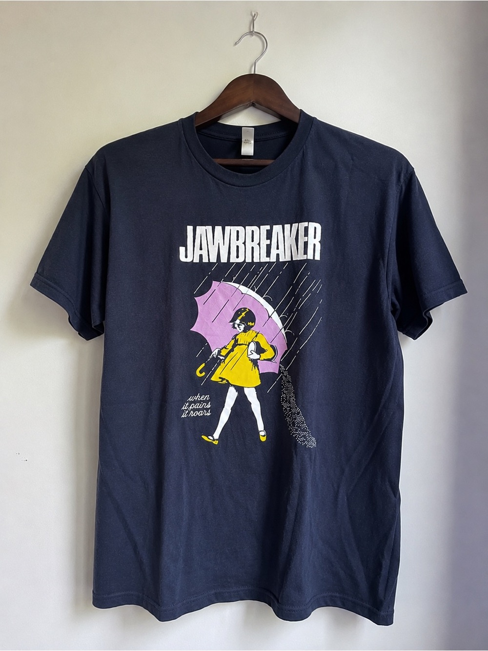 Jawbreaker Bella Canvas Black Tee with Pink Umbrella & Yellow Raincoat Graphic